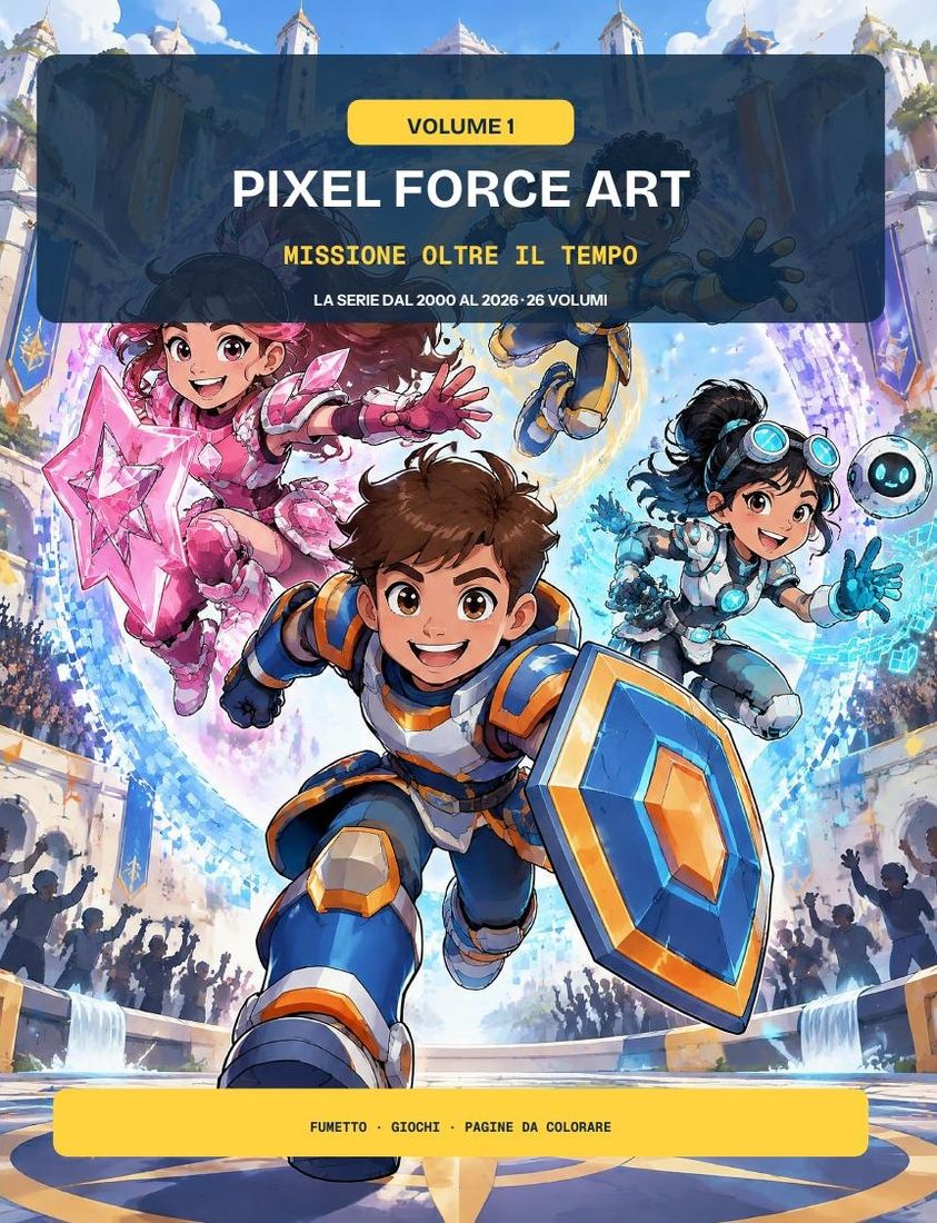 Copertina ufficiale del libro per bambini Pixel Force Art Vol. 1 — Missione Oltre il Tempo: fumetto, giochi e pagine da colorare per bambini 5-10 anni