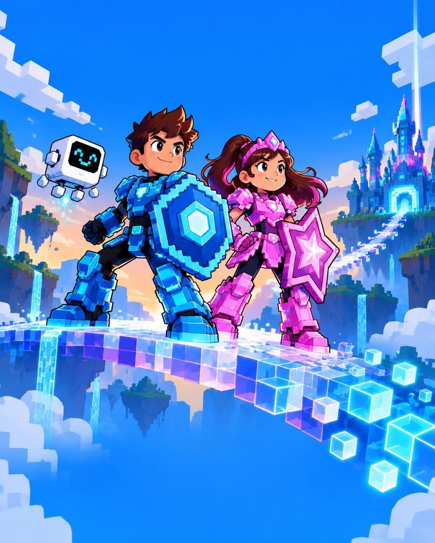 Torre con lo Scudo Esagono, Cristalla con lo Scudo Stella e il robot PIX sul Ponte dei Tempi, protagonisti del libro Pixel Force Art