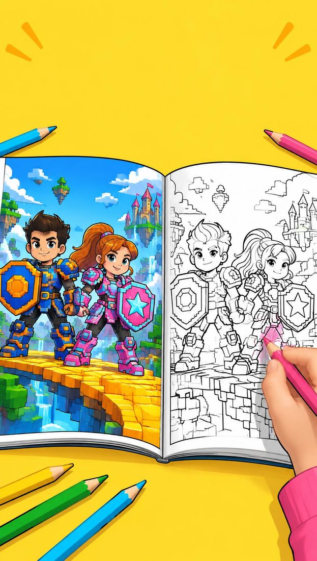Il libro Pixel Force Art aperto su una pagina da colorare in bianco e nero con Torre